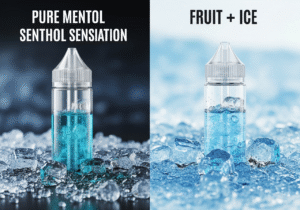 The Different Roles of Cooling in Vapes A close-up of a mint leaf on ice on one side, and a strawberry on ice on the other, showing the clear difference.