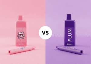 Top RAZ GUSH Flavors for Travelers Three RAZ GUSH Edition vapes artfully arranged with travel-themed props like sunglasses and a travel map.