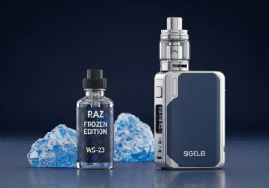 Comparing Disposable vs. High-End Mod Systems A sleek, modern disposable vape next to a large, powerful and complex mod system.