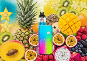 Vibrant Vape Flavors as a Travel Experience A collage of vibrant tropical fruits like pineapple, mango, and passionfruit surrounding a colorful vape.