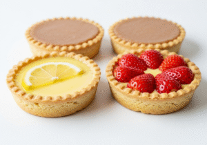 Popular UK Tart Flavors for Global Markets A beautiful display of three different tarts: a yellow lemon tart, a red strawberry tart, and an almond-topped Bakewell tart.
