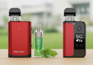 The Lifestyle of a Serious Vaper A person vaping a discreet device while working on a laptop with a cup of coffee nearby, looking focused.