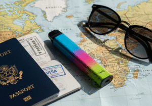 Budget Travel Vapes for 2025 A colorful disposable vape resting on a world map next to a passport and sunglasses.