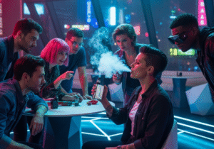 Gen Z using vapes as social accessories A young person holding a futuristic vape, with their friends in a social setting looking on with interest.