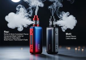 The vibrant and consistent flavor technology of Raz vapes A close-up of a vibrant, colorful liquid splash, representing intense flavor