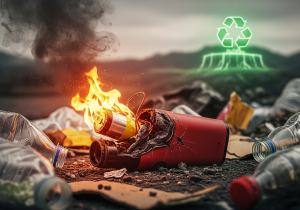 The environmental hazards of improperly discarded vapes An illustration showing a vape in a landfill with warning signs for fire and toxic waste around it