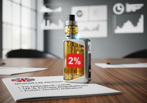 Concept of reduced nicotine levels in vape products A vape liquid bottle with a large "2%" label on it, signifying a lower nicotine cap