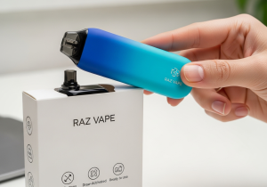 The simplicity and ease of using a Raz disposable vape A hand holding a sleek, buttonless Raz vape, ready to use straight out of the box