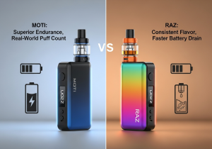 Comparing the battery endurance and puff efficiency of MOTI and Raz A battery icon with a long-lasting green bar next to it, symbolizing endurance and longevity