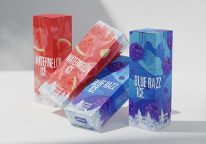 Iconic duo: Watermelon Ice and Blue Razz Ice flavors A vibrant image of a slice of watermelon and blue raspberries both covered in frost