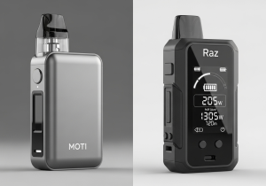 Contrasting design philosophies: MOTI's minimalism vs. Raz's functionality A sleek, minimalist MOTI vape next to a functional, screen-equipped Raz vape on a modern desk