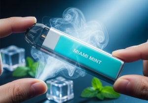 The refreshing and crisp taste of Miami Mint Clean, minimalist image of fresh mint leaves with ice cubes