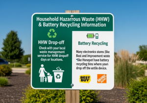 Convenient vape disposal at a retail recycling point A person dropping a vape into a collection box at a retail store's customer service counter