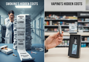 The hidden costs of smoking shown as an iceberg An iceberg illustration, with the small tip showing 'Price of Pack' and the huge submerged part showing 'Healthcare Costs' and 'Insurance'