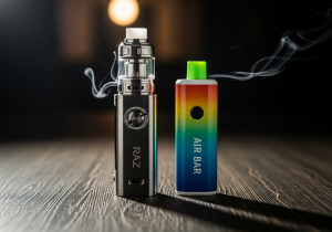 Vape with adjustable airflow feature highlighted A diagram showing how adjustable airflow can tighten or loosen a vape puff