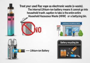 Responsible disposal of a disposable vape A hand responsibly placing a used disposable vape into a designated e-waste recycling bin