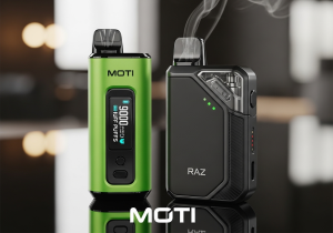 Weighing the price and value proposition of Raz vs. MOTI A scale balancing a Raz vape on one side and a MOTI vape on the other, with price tags attached