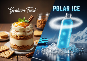 Dessert and drink flavor inspirations A graham cracker next to a glass of milk, and a separate energy drink can covered in frost