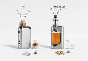 An eco-friendly alternative to disposable vapes: a refillable system A reusable, refillable vape device sitting next to a bottle of e-liquid