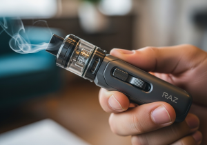 Making the switch from smoking to vaping A person confidently putting down a pack of cigarettes and picking up a Raz vape