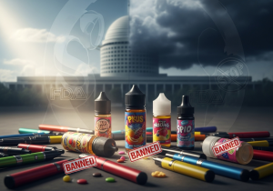 The potential disappearance of popular vape flavors A colorful array of fruit-flavored vapes with a "banned" stamp over them